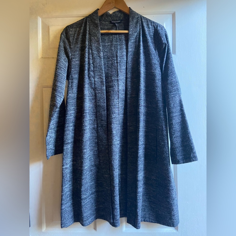 Eileen Fisher XS grey textured open cardigan silk & linen blend